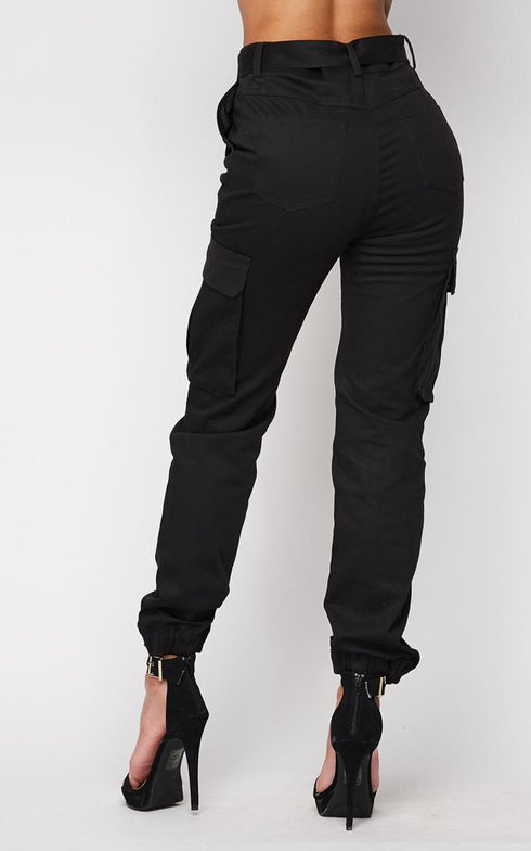 Belted High Waist Cargo Jogger Pants - Black - SohoGirl.com